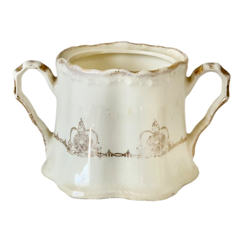 Antique Porcelain White Sugar Bowl with Gold Design